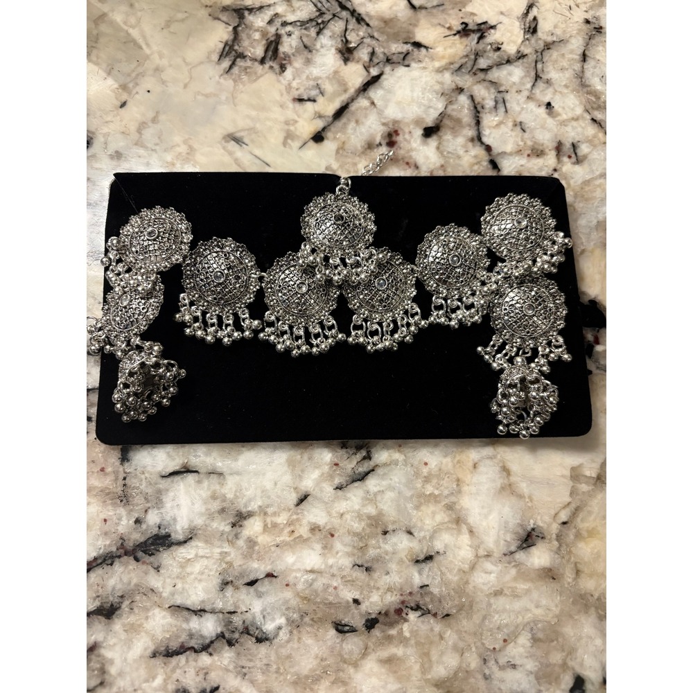 Silver Oxidized Jhumka Maang Tikka Jewelry Set Wedding Festival Ethnic Boho